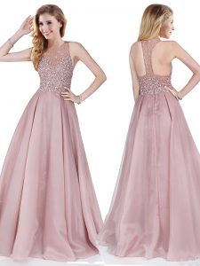 Scoop Floor Length Zipper Prom Dresses Pink for Prom and Party with Beading