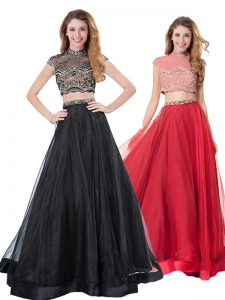 Black and Red Prom Gown High-neck Short Sleeves Sweep Train Zipper