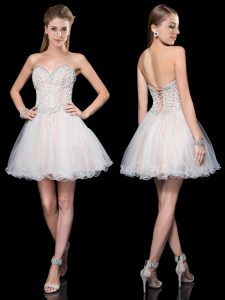 Simple White Organza Lace Up Sweetheart Sleeveless Mini Length Homecoming Dress Beading and Lace