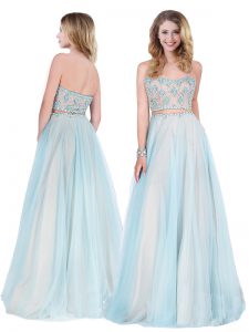 Attractive Chiffon Strapless Sleeveless Zipper Beading Prom Dresses in Light Blue