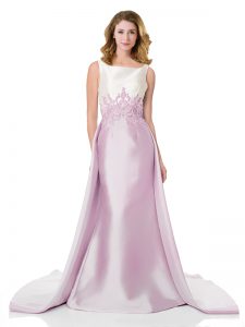 Eye-catching Satin Square Sleeveless Court Train Zipper Appliques Prom Dress in Lilac