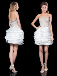 Sleeveless Mini Length Beading and Ruffles Zipper Prom Party Dress with White
