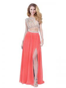 Flare Organza Scoop Sleeveless Backless Beading and Belt in Orange Red