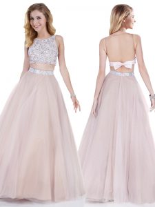 Clearance Scoop Sleeveless Backless Prom Evening Gown Pink Organza
