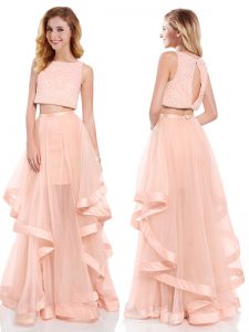 Customized Floor Length Pink Evening Dress Scoop Sleeveless Backless