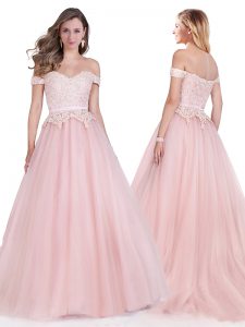 Off the Shoulder Pink Short Sleeves Beading Zipper Prom Party Dress
