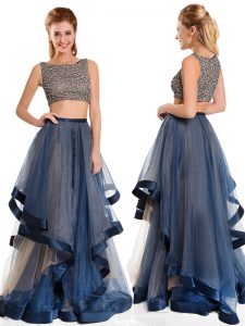 Modern Scoop Navy Blue Sleeveless Organza Sweep Train Zipper Prom Party Dress for Prom and Party