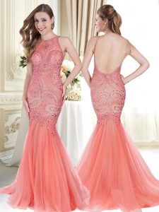 Exceptional Mermaid Scoop Red Sleeveless Beading Backless Prom Gown