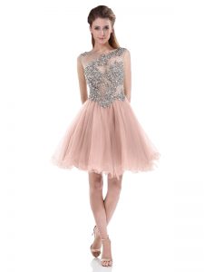 Pink A-line Organza Scoop Sleeveless Beading Mini Length Zipper Prom Gown