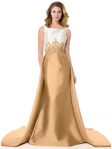 Glittering Sleeveless Appliques Zipper Prom Party Dress with Gold Court Train