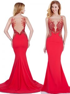 Backless Dress for Prom Red for Prom and Party with Appliques Brush Train