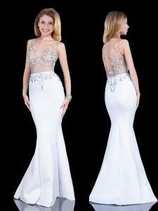 Decent Mermaid White Sleeveless Beading Zipper Prom Dresses