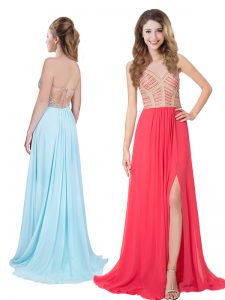 Customized Red Column/Sheath V-neck Sleeveless Chiffon Brush Train Zipper Appliques Dress for Prom