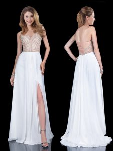Noble White V-neck Neckline Appliques Dress for Prom Sleeveless Zipper