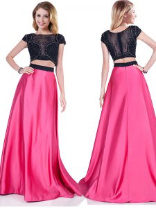 Luxury Scoop Hot Pink Short Sleeves Satin Brush Train Zipper Prom Evening Gown for Prom and Party