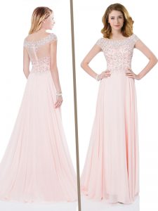 Pink Short Sleeves Brush Train Beading Prom Gown