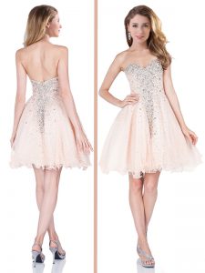 Beautiful Pink A-line Sweetheart Sleeveless Organza Mini Length Backless Beading and Lace Prom Dress