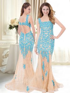 Graceful Mermaid Blue Sleeveless Lace Backless Prom Gown