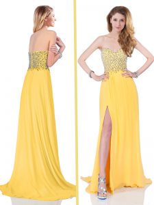 Fantastic Zipper Prom Party Dress Gold for Prom and Party with Beading Brush Train