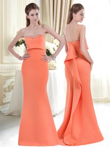 Orange Satin Zipper Strapless Sleeveless Prom Dresses Sweep Train Beading and Ruffles