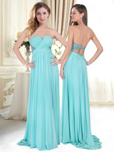 Sleeveless Ruching Backless Prom Gown with Aqua Blue Brush Train