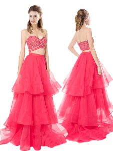 Artistic Organza Sleeveless Prom Gown Brush Train and Lace and Ruffled Layers