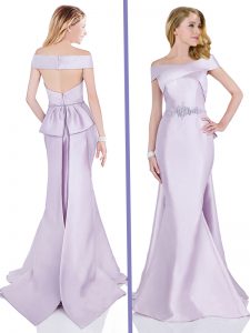 Mermaid Lavender Prom Gown Prom and Party and For with Beading Off The Shoulder Short Sleeves Brush Train Zipper