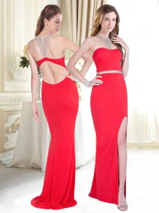 Beautiful Red Prom Party Dress Prom and Party and For with Beading and Belt Halter Top Sleeveless Sweep Train Backless