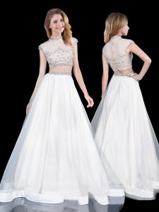 Glorious Floor Length White Prom Gown High-neck Sleeveless Zipper