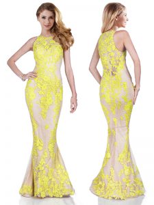 On Sale Mermaid Scoop Lace and Appliques Prom Evening Gown Yellow Zipper Sleeveless Floor Length