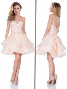 Baby Pink Zipper Prom Party Dress Beading and Ruffled Layers Sleeveless Mini Length