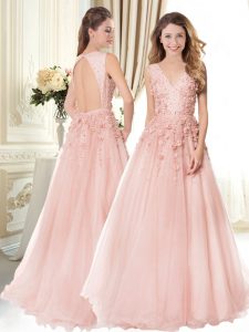 Pink V-neck Neckline Beading Prom Evening Gown Sleeveless Backless