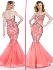 Beautiful Watermelon Red Mermaid Sweetheart Sleeveless Organza Floor Length Zipper Beading and Appliques Dress for Prom