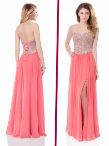 Beautiful Sleeveless Chiffon Floor Length Lace Up Evening Dress in Watermelon Red with Beading