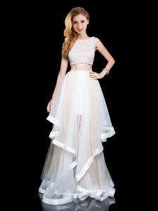 White Prom Evening Gown Prom and Party and For with Beading and Ruffles Scoop Sleeveless Sweep Train Zipper