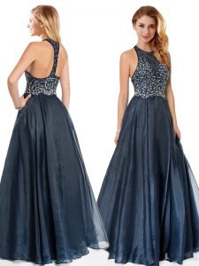 Scoop Floor Length A-line Sleeveless Navy Blue Prom Dress Zipper
