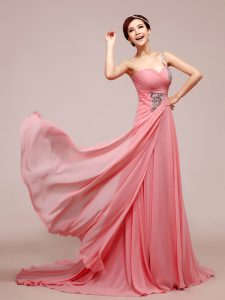 Sleeveless Chiffon Floor Length Zipper Prom Gown in Watermelon Red with Beading and Ruching