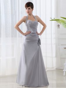 Fancy Halter Top Grey Sleeveless Floor Length Beading and Ruching Lace Up Dress for Prom