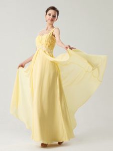 Spectacular One Shoulder Sleeveless Chiffon Ankle Length Zipper Dress for Prom in Light Yellow with Beading and Ruching