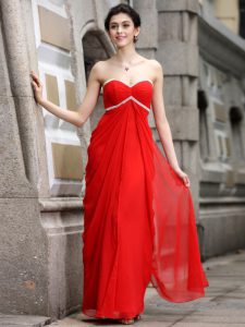 Coral Red Column/Sheath Chiffon Sweetheart Sleeveless Beading Ankle Length Zipper Prom Dress