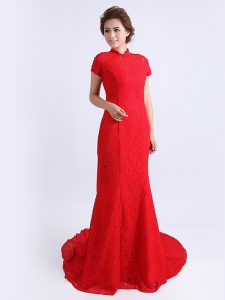 Customized Red High-neck Backless Lace Prom Party Dress Brush Train Cap Sleeves