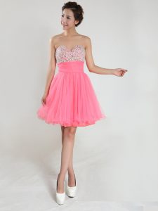 Pink Lace Up Prom Dresses Beading Sleeveless Knee Length