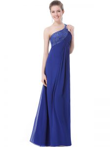 Classical Blue One Shoulder Criss Cross Beading Prom Gown Sleeveless