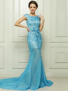 Baby Blue Mermaid Beading and Appliques Prom Party Dress Zipper Chiffon Sleeveless With Train