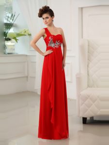 One Shoulder Sleeveless Homecoming Dress Floor Length Beading and Appliques and Ruching Red Chiffon