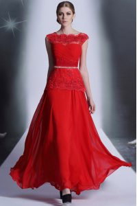 Excellent Scalloped Red Sleeveless Chiffon Side Zipper for Prom and Party