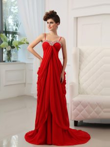 Noble Red Sleeveless With Train Beading and Ruching Zipper Dress for Prom