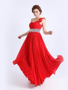 Attractive Red Zipper One Shoulder Beading and Ruching and Pleated Dress for Prom Chiffon Sleeveless