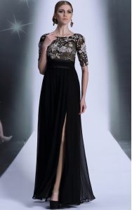 Popular Scoop Half Sleeves Chiffon Floor Length Zipper in Black with Beading and Appliques