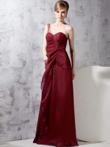 Pretty One Shoulder Beading and Ruching Prom Dresses Burgundy Zipper Sleeveless Floor Length